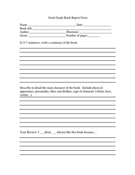 6th grade book report template pdf